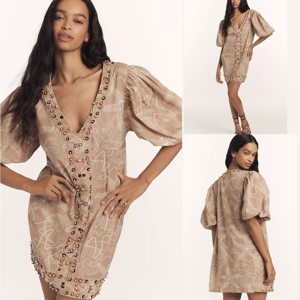 Anthropologie Olliari Beaded Puff-Sleeve Mini Dress